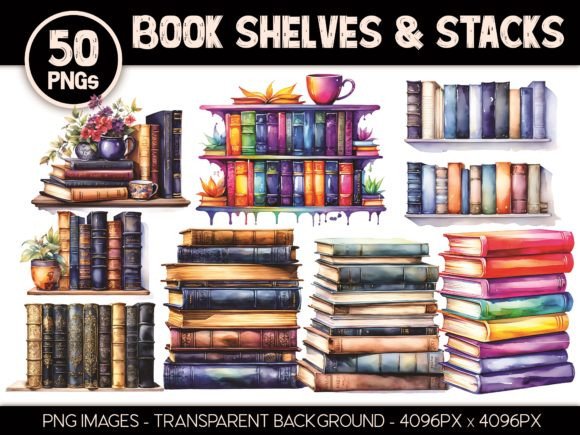50 Book Shelves & Stacks Clip Art: A Library of Aesthetic Possibilities
