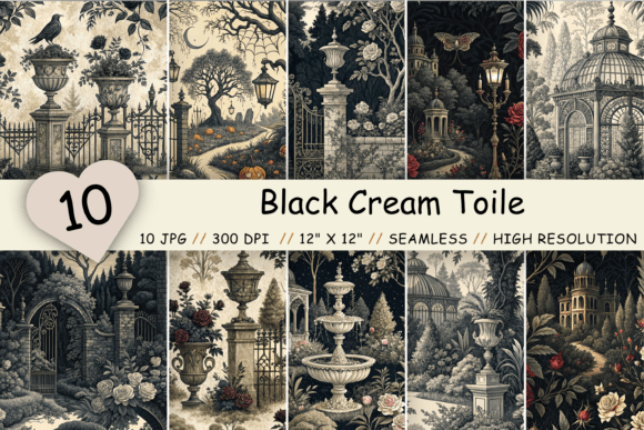 Black Cream Toile Digital Paper Pack: Gothic Elegance for Modern Design