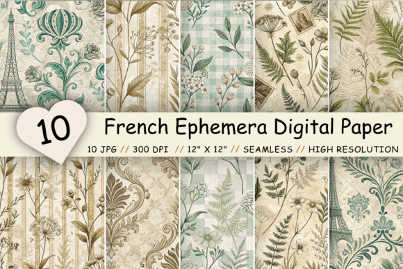 French Ephemera Digital Paper Pack: Vintage Botanical Designs