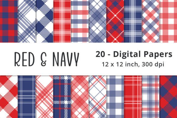 Navy Blue and Red Plaid Digital Patterns for Design