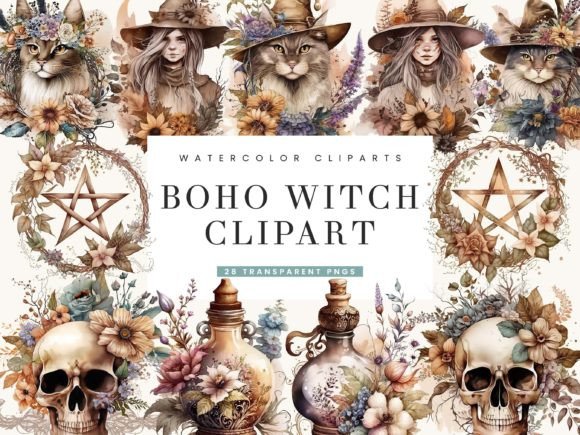 Watercolor Boho Witch Clipart for Creative Designers